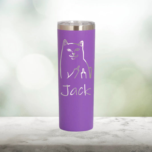 Personalized Cat Middle Finger Skinny Tumbler - Laser Engraved