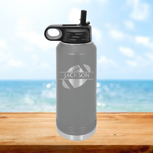 Personalized Football Split Monogram Water Bottle - Laser Engraved