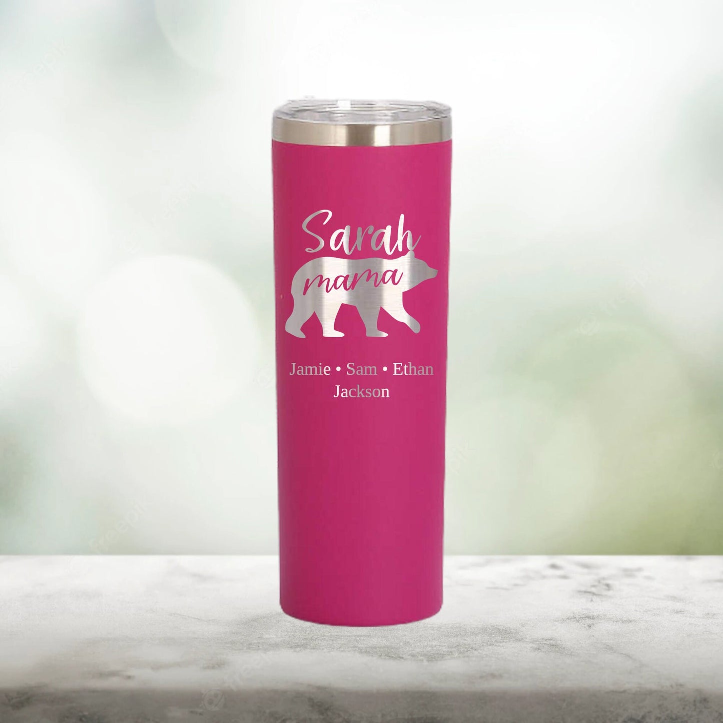 Personalized Mama Bear with Kids' Names Skinny Tumbler - Laser Engraved