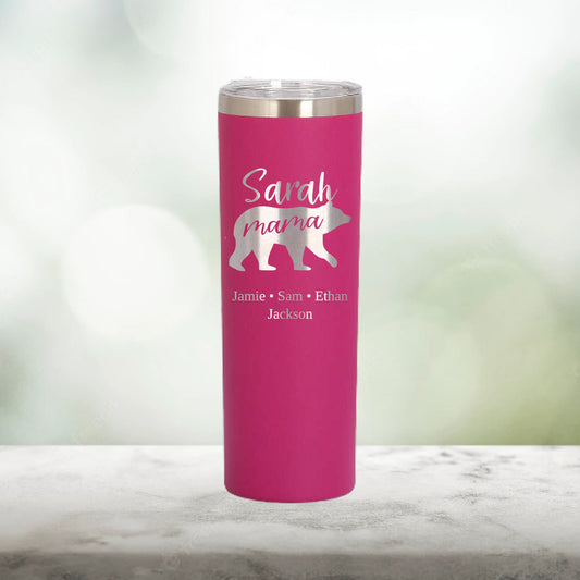 Personalized Mama Bear with Kids' Names Skinny Tumbler - Laser Engraved