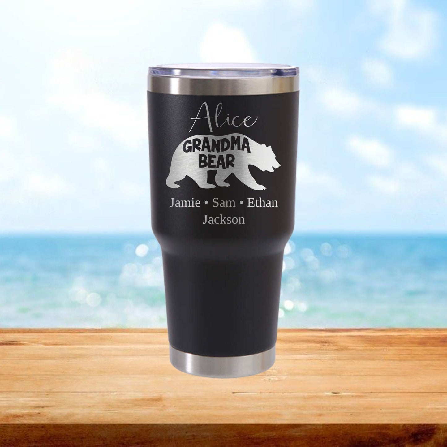 Personalized Grandma Bear with Kids' Names Travel Tumbler - Laser Engraved