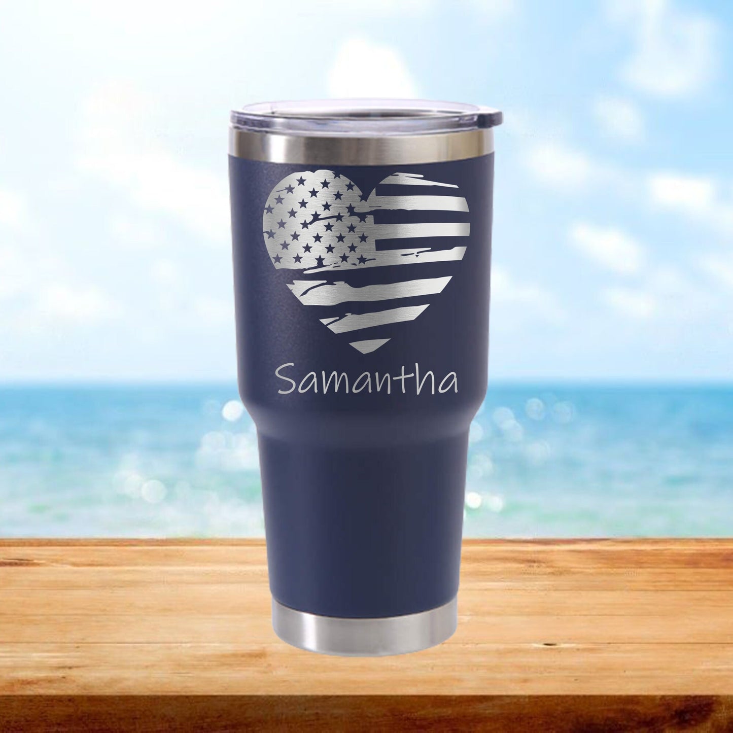 Personalized American Flag Heart Travel Tumbler - Laser Engraved
