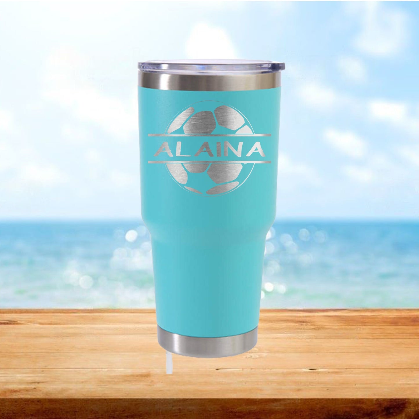 Personalized Soccer Split Monogram Travel Tumbler - Laser Engraved