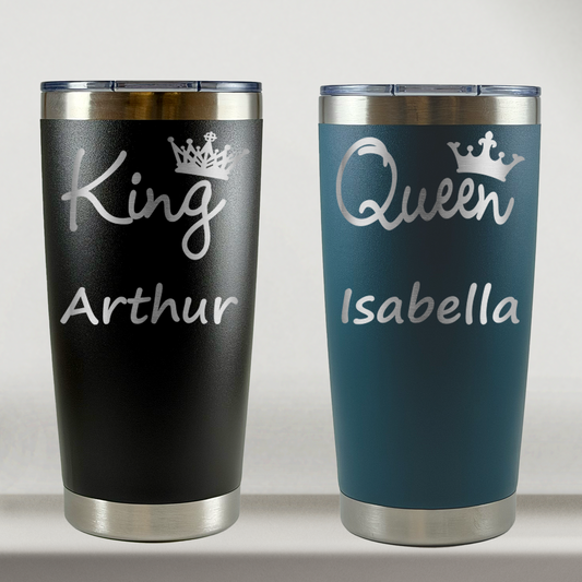 Personalized Husband and Wife Tumblers Set of 2 For King and Queen Couples, Custom 20oz Mugs, Laser Engraved Stainless Steel Cup