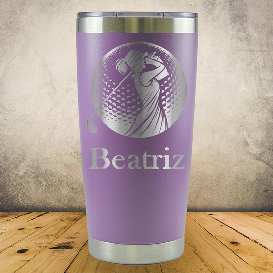 20oz Personalized Laser Engraved Tumbler Female Golfer Silhouette in Golf Ball Gift for Players, Coaches & Fans