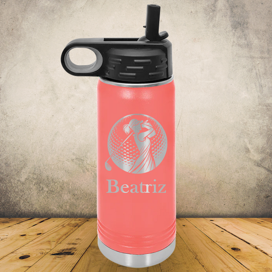 20/32oz Personalized Laser Engraved Water Bottle Female Golfer Silhouette in Golf Ball Gift for Players, Coaches & Fans
