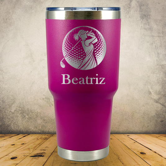 30oz Personalized Laser Engraved Tumbler Female Golfer Silhouette in Golf Ball Gift for Players, Coaches & Fans