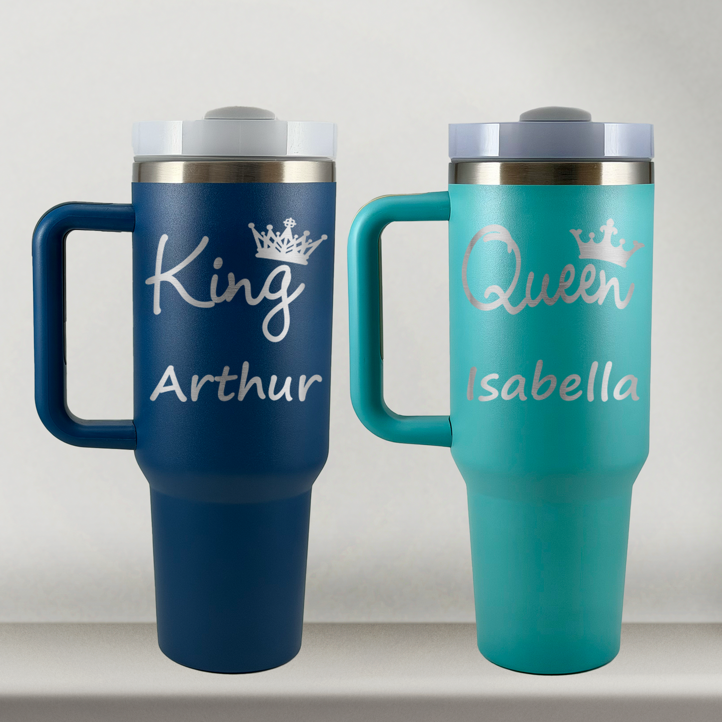 Personalized Husband and Wife Tumblers Set of 2 For King and Queen Couples, Custom 40oz Mugs w/ Handles, Laser Engraved Stainless Steel