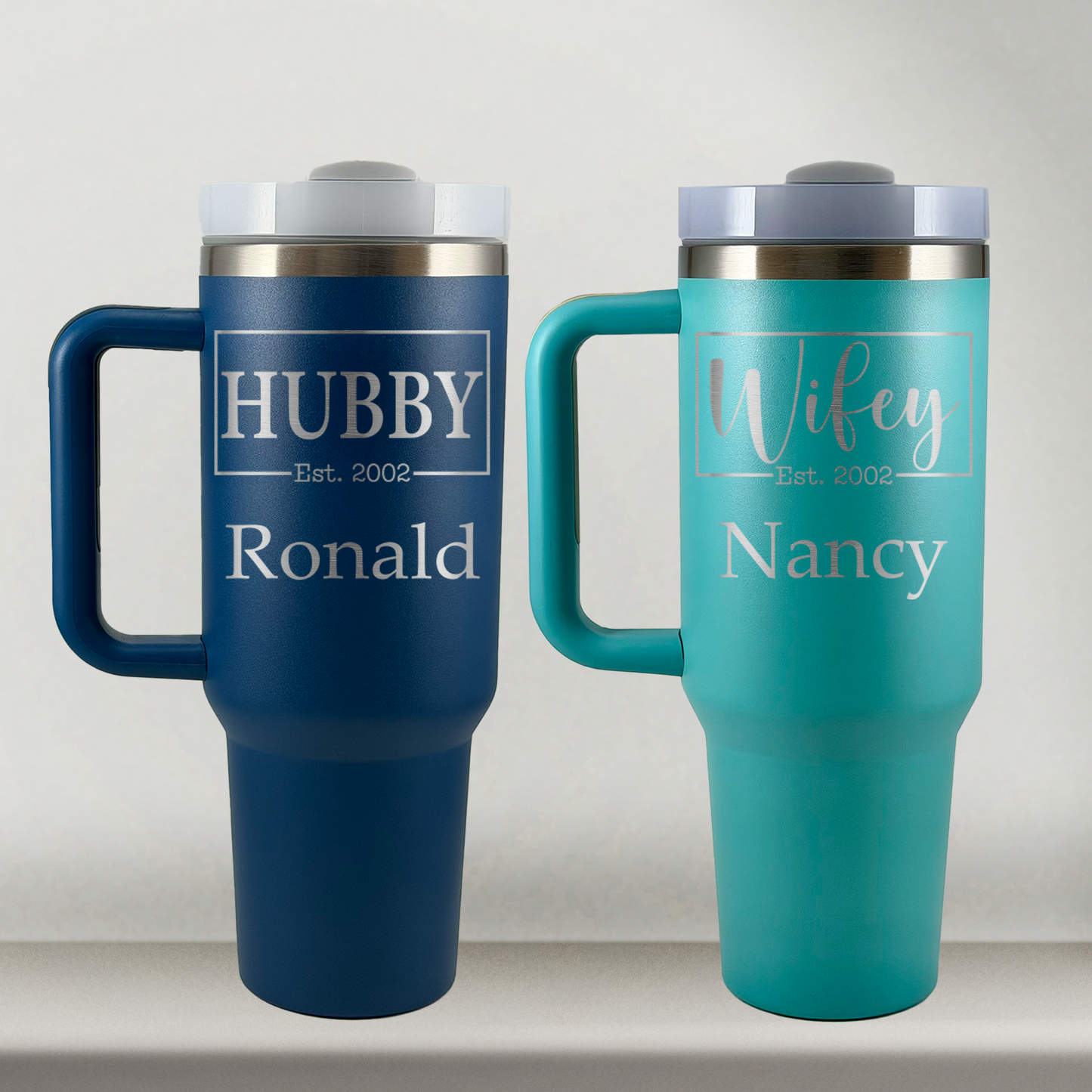 Personalized Husband and Wife Tumblers Set of 2 For Mr and Mrs, Couples, Custom 40oz Mugs w/ Handles, Laser Engraved Stainless Steel (Copy)