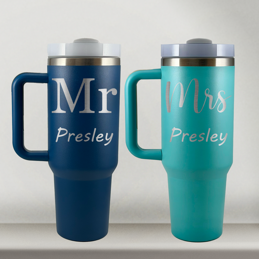 Personalized Husband and Wife Tumblers Set of 2 For Mr and Mrs, Couples, Custom 40oz Mugs w/ Handles, Laser Engraved Stainless Steel (Copy) (Copy)