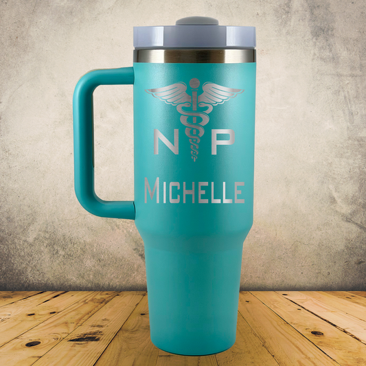 Personalized Nurse Practitioner Tumbler 40oz Custom Stainless Steel Laser Engraved Tumbler w/ Handle, Medical Gift for Physician, MD, Doctor, Surgeon, Doctor Appreciation Gift
