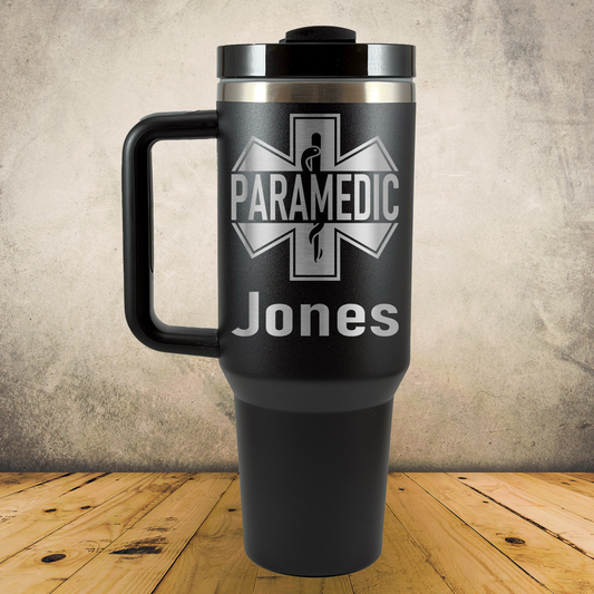 Personalized Paramedic 40oz Tumbler with Handle, Custom EMT & EMS Gift, Laser Engraved Stainless Steel Travel Mug, First Responder Cup