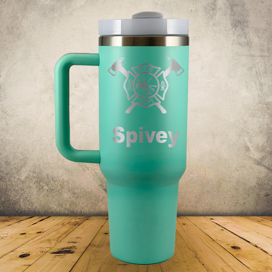 40oz Personalized Laser Engraved Tumbler with Handle for Firefighter Maltese Cross with Axe