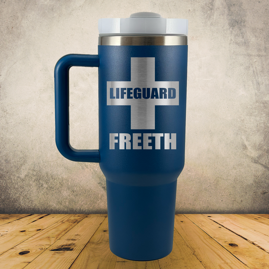 Personalized Lifeguard Tumbler 40oz Stainless Steel Cup w/ Handle, Custom Laser Engraved Lifeguard Gift, Beach Rescue Crew