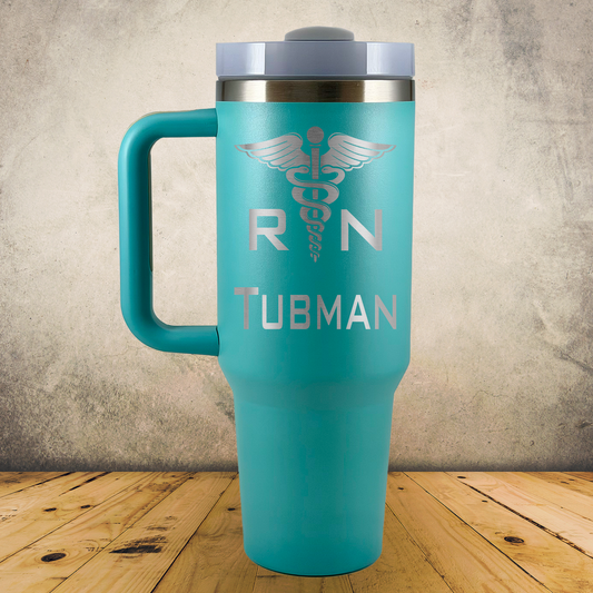 Personalized Nurse Tumbler 40oz Custom Stainless Steel Laser Engraved Travel Mug w/ Handle, RN Gift, Nursing Student Gift, Nurse Appreciation Gift