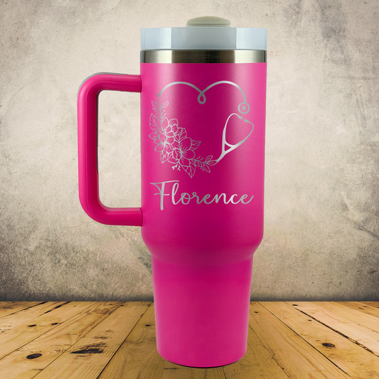 Personalized Nurse Tumbler, Custom 40oz Laser Engraved Stainless Steel Cup w/ Handle for Nursing School Graduation Gift