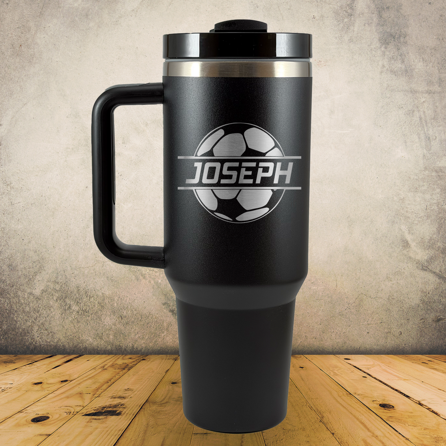 Personalized Soccer Split Monogram Handle Tumbler - Laser Engraved