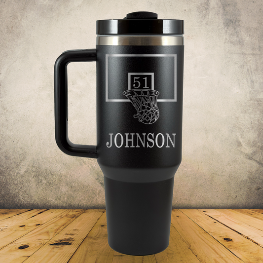 40oz Personalized Laser Engraved Tumbler with Handle Basketball Backboard Gift for Players, Coaches & Fans
