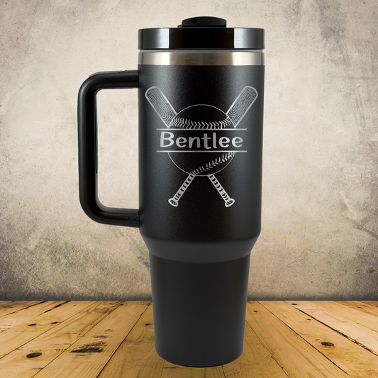 40oz Personalized Laser Engraved Tumbler with Handle Baseball with Bat Gift for Players, Coaches & Fans