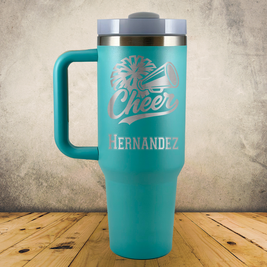 40oz Personalized Laser Engraved Tumbler with Handle Cheerleading Gift for Cheerleaders, Coaches & Cheer Moms