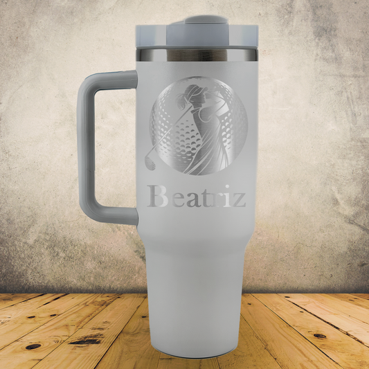 40oz Personalized Laser Engraved Tumbler with Handle Female Golfer Silhouette in Golf Ball Gift for Players, Coaches & Fans
