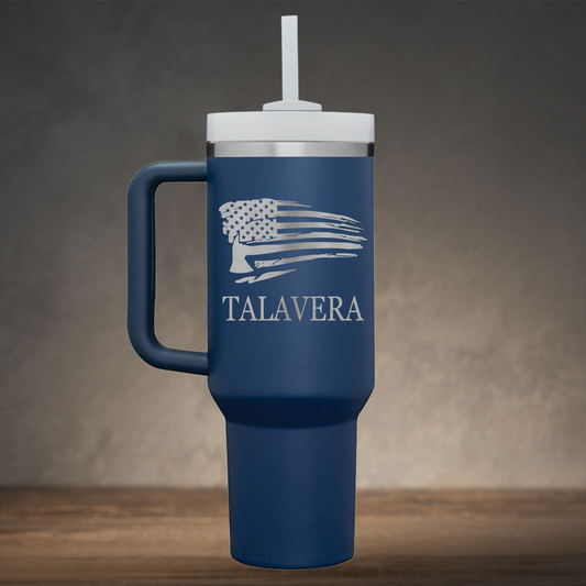 40oz Personalized Laser Engraved Tumbler with Handle for Firefighter Distressed American Flag with Axe
