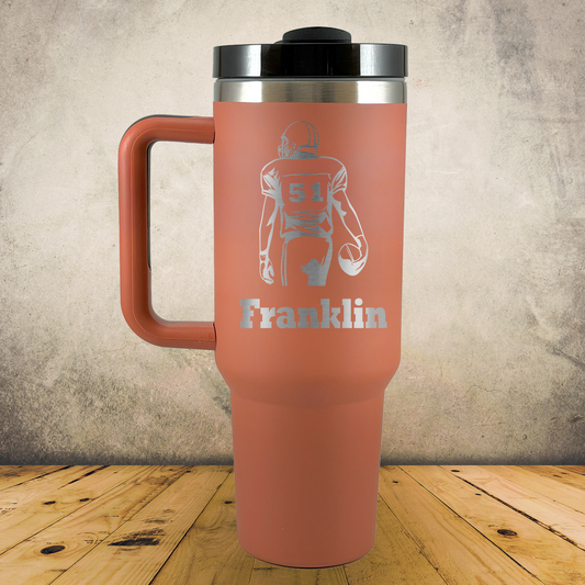40oz Personalized Laser Engraved Tumbler with Handle Football Player Gift for Players, Coaches & Fans