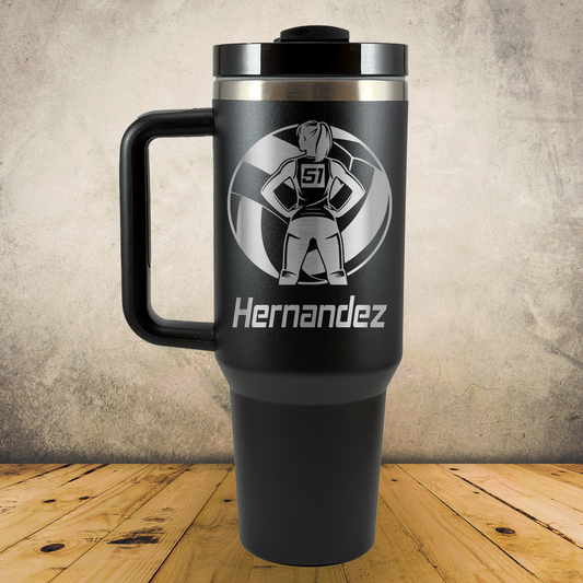 40oz Personalized Laser Engraved Tumbler with Handle  Female Volleyball Player Silhouette Gift for Players, Coaches & Fans