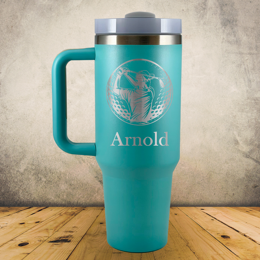 40oz Personalized Laser Engraved Tumbler with Handle Male Golfer Silhouette in Golf Ball Gift for Players, Coaches & Fans