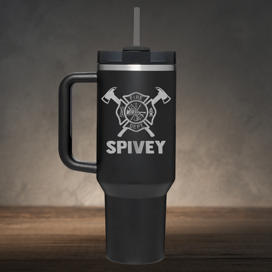 Personalized Firefighter Emblem Handle Tumbler - Laser Engraved