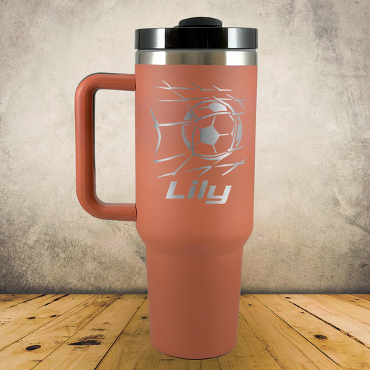 40oz Personalized Laser Engraved Tumbler with Handle Soccer Ball in Net Gift for Players, Coaches & Fans