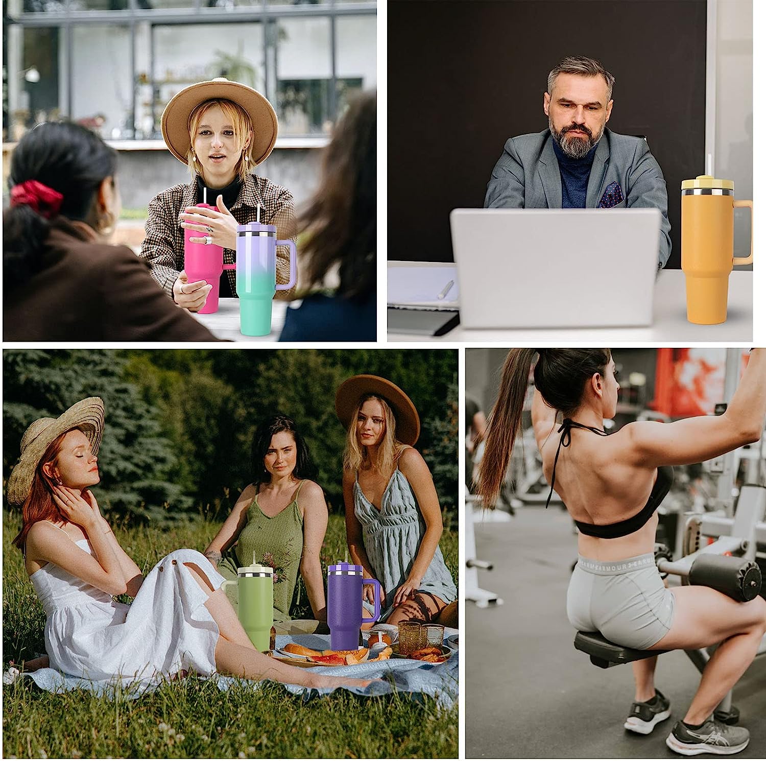 a collage of photos of people sitting around a laptop