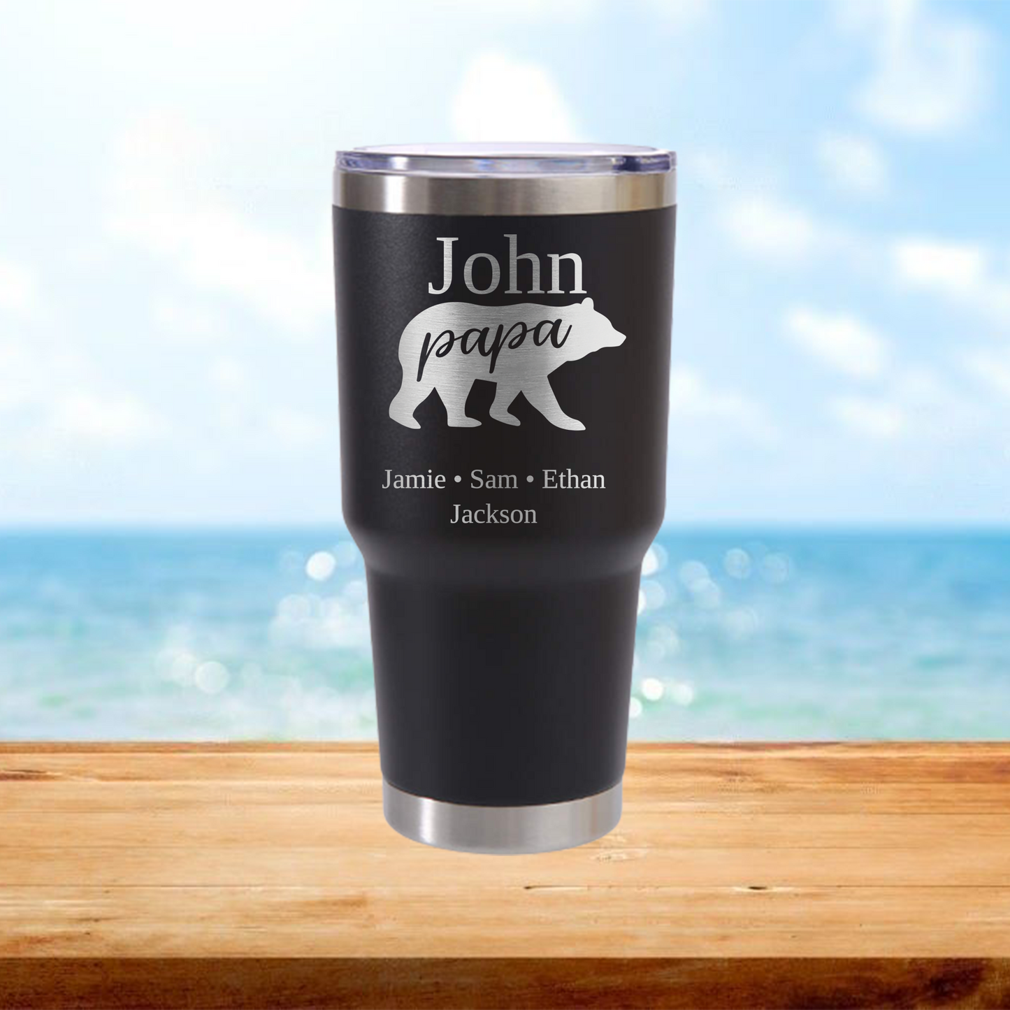 Personalized Papa Bear with Kids' Names Travel Tumbler - Laser Engraved