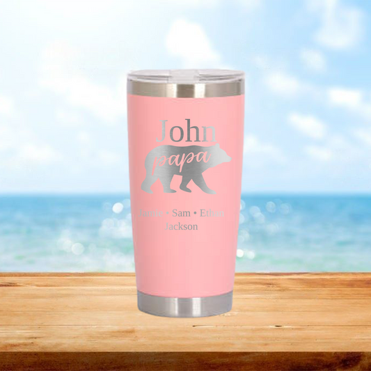 Personalized Papa Bear with Kids' Names Travel Tumbler - Laser Engraved