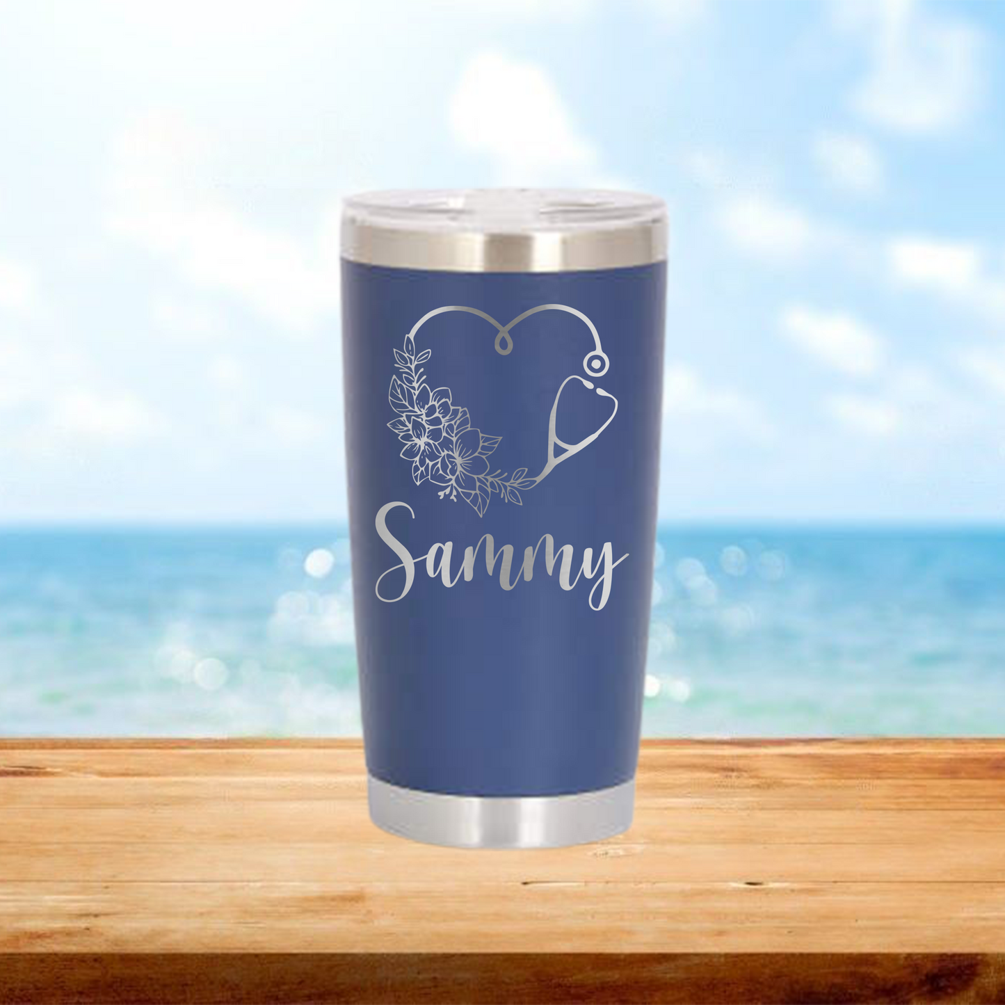 Personalized Floral Stethoscope Heart Nurse Travel Tumbler - Laser Engraved