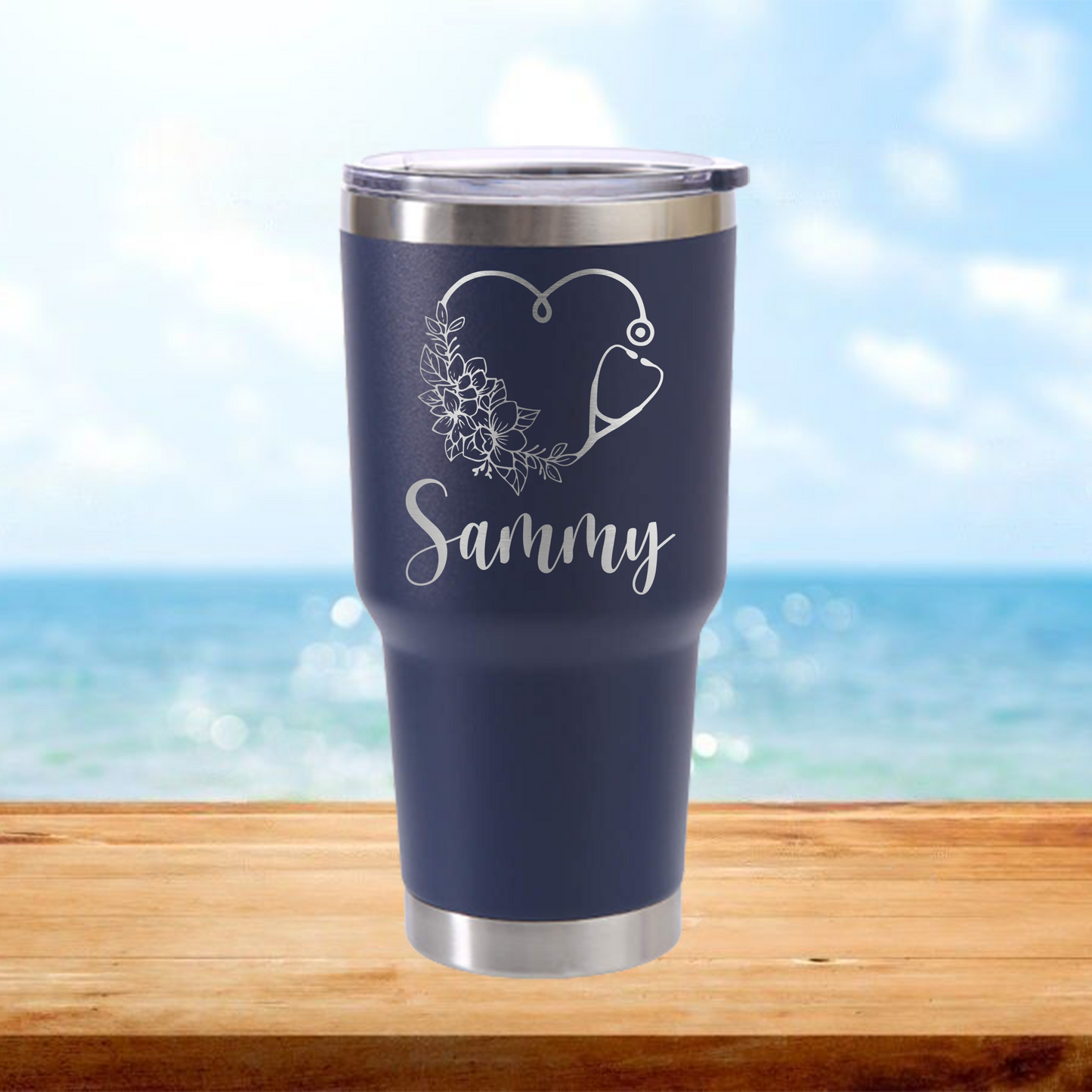 Personalized Floral Stethoscope Heart Nurse Travel Tumbler - Laser Engraved