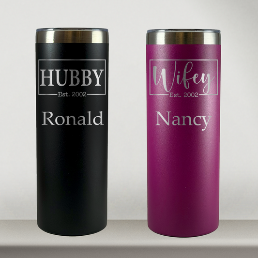 Personalized Husband and Wife Tumblers Set of 2 For Mr and Mrs, Couples, Custom 20oz Skinny Mugs, Laser Engraved Stainless Steel Cups (Copy)