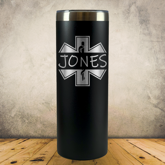Personalized EMS 20oz Skinny Tumbler, Custom EMT & Paramedic Gift, Laser Engraved Stainless Steel Travel Mug, First Responder Cup