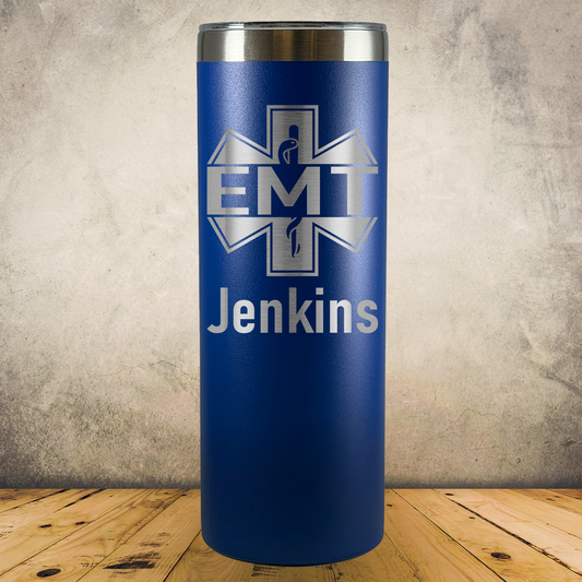 Personalized EMT 20oz Skinny Tumbler, Custom Paramedic & EMS Gift, Laser Engraved Stainless Steel Travel Mug, First Responder Cup