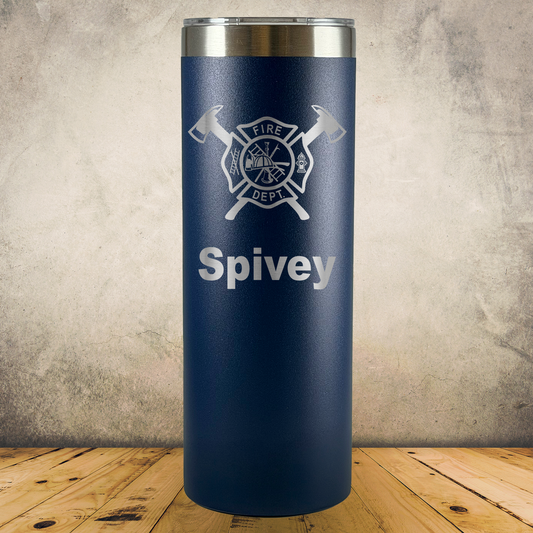 20oz Skinny Personalized Laser Engraved Tumbler for Firefighter Maltese Cross with Axe