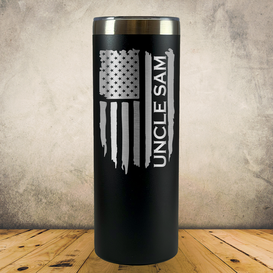 Personalized Tattered American Flag Tumbler 20oz Skinny Stainless Steel Cup, Custom Laser Engraved Patriotic USA Cup