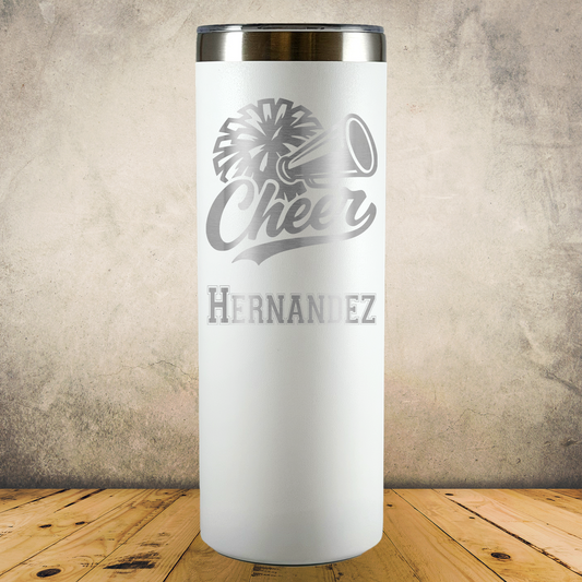 20oz Skinny Personalized Laser Engraved Tumbler Cheerleading Gift for Cheerleaders, Coaches & Cheer Moms