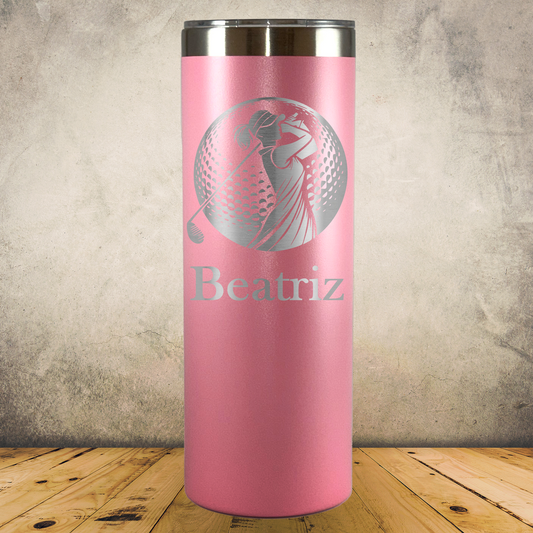20oz Skinny Personalized Laser Engraved Tumbler Female Golfer Silhouette in Golf Ball Gift for Players, Coaches & Fans