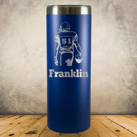 20oz Skinny Personalized Laser Engraved Tumbler Football Player Gift for Players, Coaches & Fans
