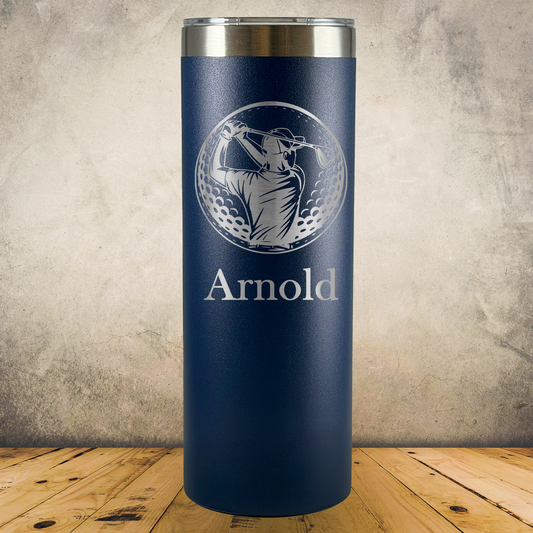 20oz Skinny Personalized Laser Engraved Tumbler Male Golfer Silhouette in Golf Ball Gift for Players, Coaches & Fans