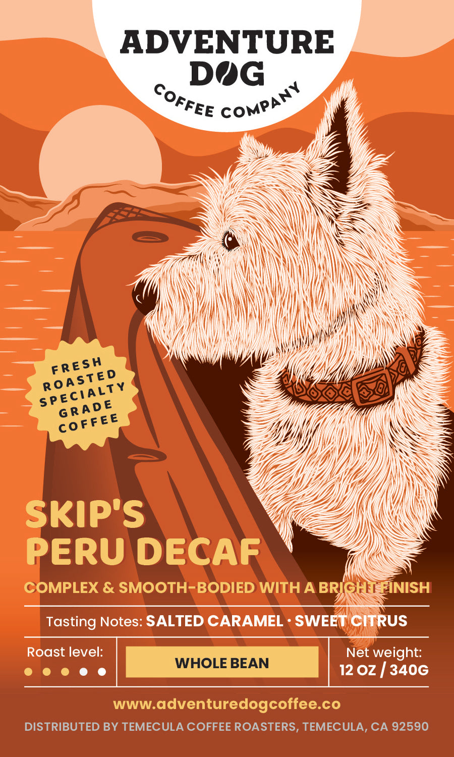 Skip the Westhighland Terrier featured on the label of Skip's Single Origin Peru Decaf Coffee, described as full-bodied, low-acid coffee with floral aroma and salted caramel overtones.