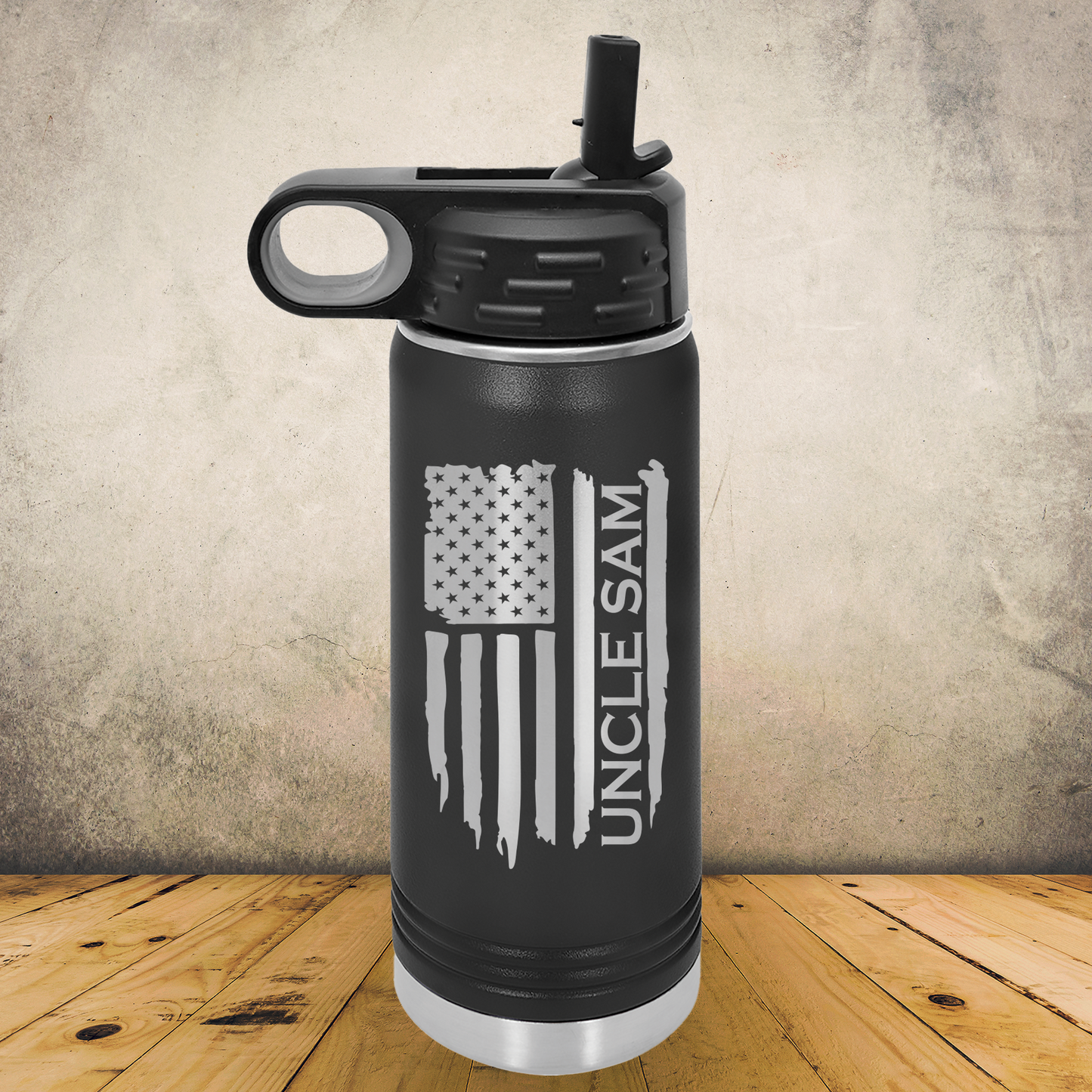 Personalized Tattered American Flag Bottle 20oz or 32oz Stainless Steel Tumbler, Custom Laser Engraved Patriotic USA Cup
