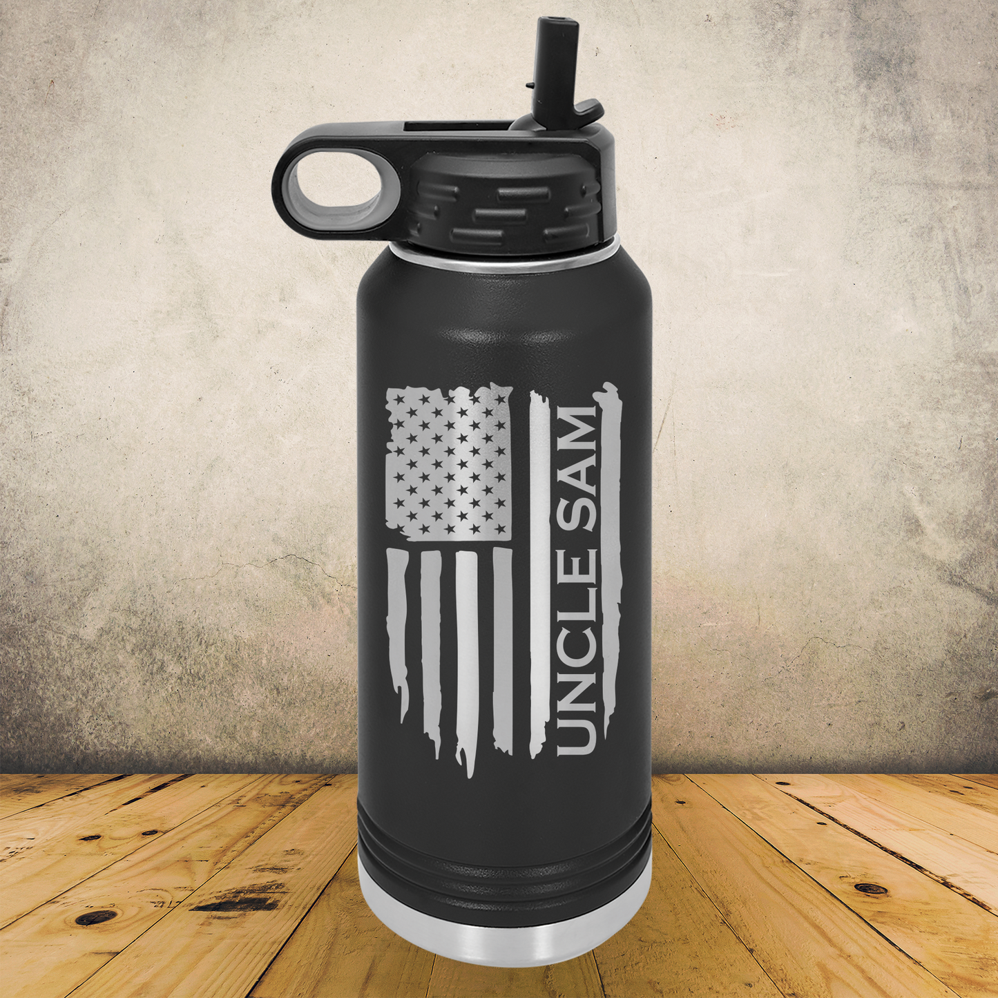 Personalized Tattered American Flag Bottle 20oz or 32oz Stainless Steel Tumbler, Custom Laser Engraved Patriotic USA Cup
