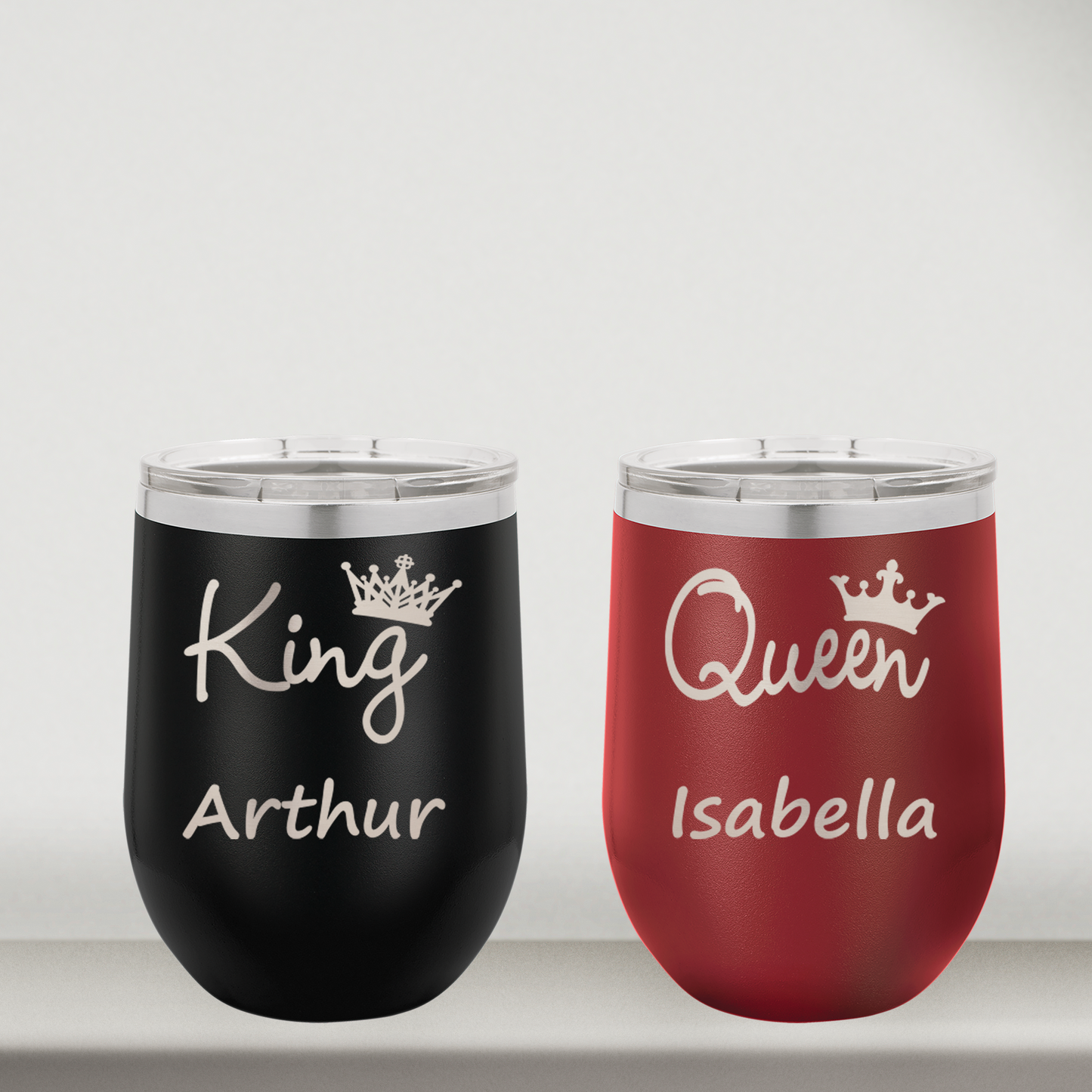 Personalized Husband and Wife Wine Tumblers Set of 2 For King and Queen Couples, Custom 12oz Cups, Laser Engraved Stainless Steel