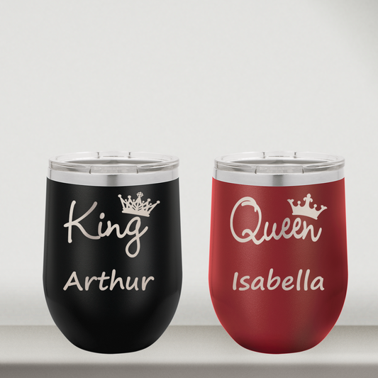 Personalized Husband and Wife Wine Tumblers Set of 2 For King and Queen Couples, Custom 12oz Cups, Laser Engraved Stainless Steel